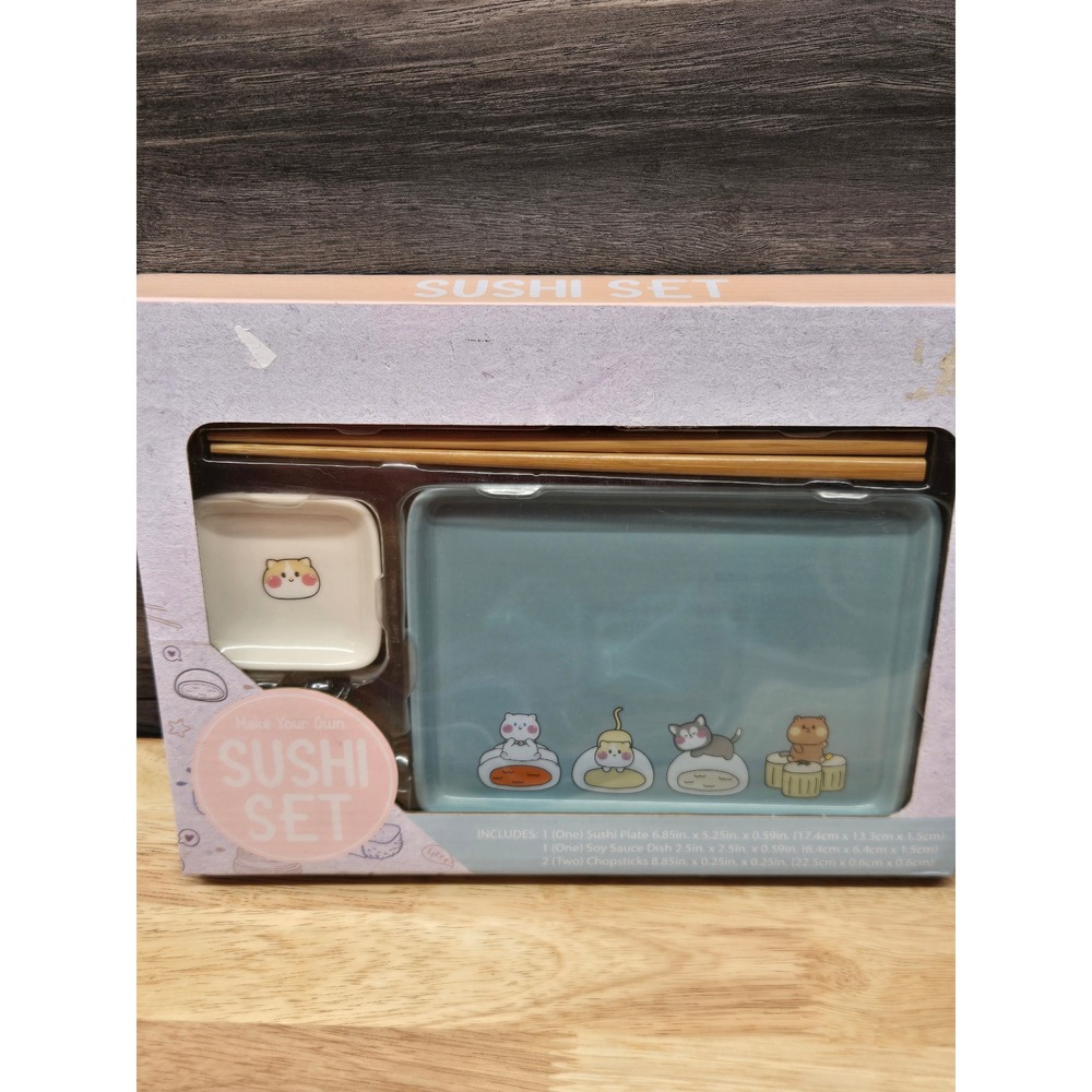 Make Your Own Sushi Set Kawaii Cat Ceramic Plate Soy Sauce Dish Chopsticks New